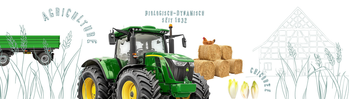 KI generiert: Traktor neben Heuballen mit Hühnchen und "Biologisch-dynamisch seit 1932". Hintergrund: Landwirtschaftssymbole.