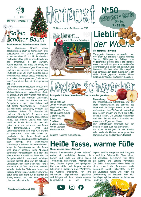 KI generiert: Newsletter mit weihnachtlichen Themen, Rezeptvorschlägen und Infos über einen Hofmarkt. "Hofpost Nr. 50".