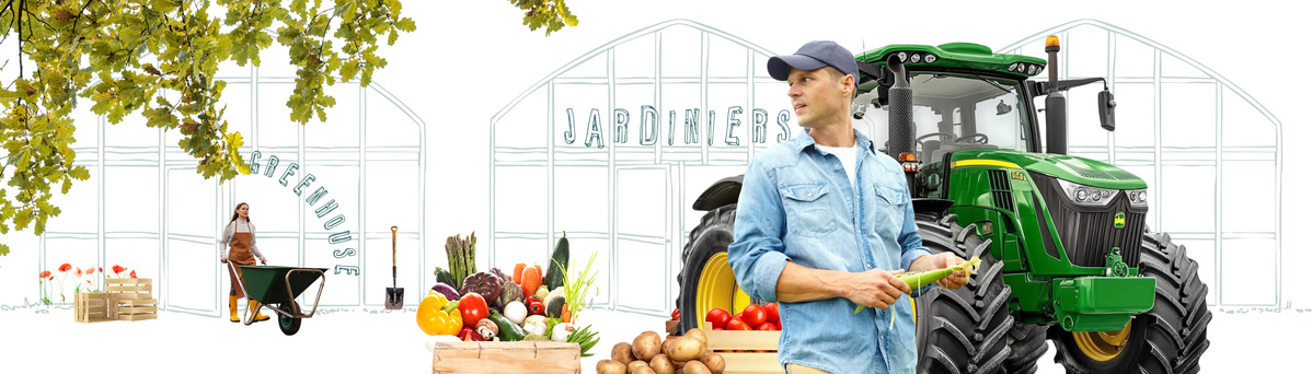 KI generiert: Ein Mann steht vor einem Traktor und Gemüse; im Hintergrund Gewächshaus. Text: "GREENHOUSE", "JARDINERS".