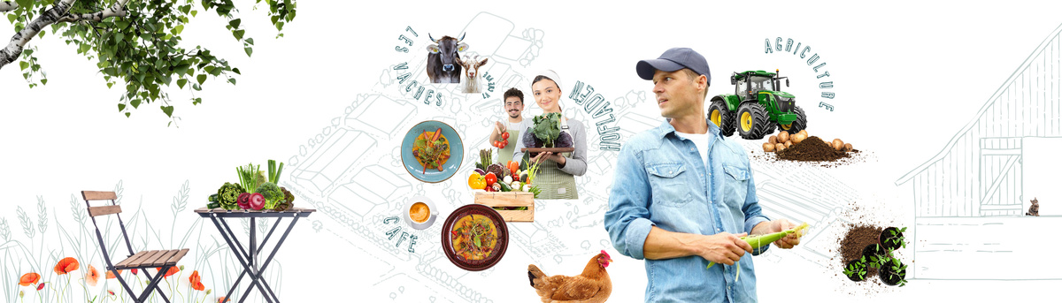 KI generiert: Ein Landwirt mit Gemüse, Tieren und einem Traktor, Illustrationen von Landwirtschaft. Text: "Agriculture".