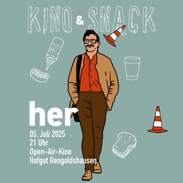 KI generiert: Ein Mann vor einem Open-Air-Kino-Poster. Text: "her, 05. Juli 2025, 21 Uhr, Open-Air-Kino Hofgut Rengoldshausen".