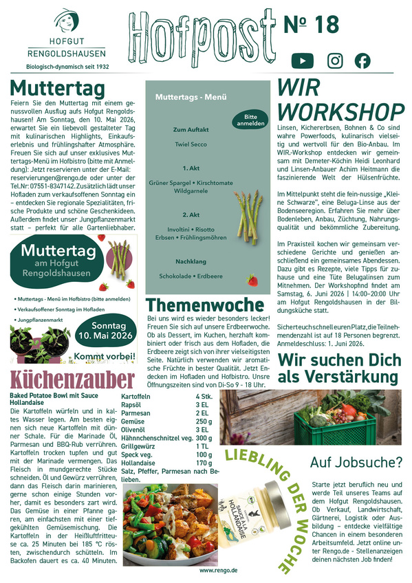 KI generiert: Ein Flyer über ein Event am Hofgut Rengoldshausen mit Muttertagsmenü und Workshops. „www.rengo.de“