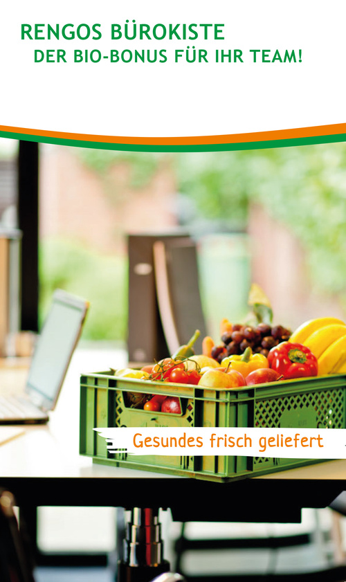 KI generiert: Ein Tisch mit einer Kiste voller Obst. Text: "Rengos Bürokiste. Gesundes frisch geliefert."