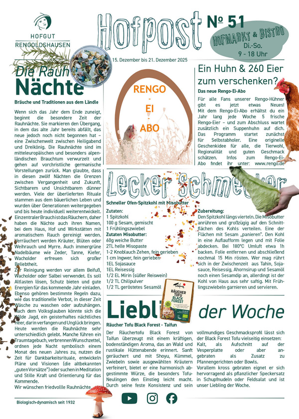 KI generiert: Ein Newsletter mit Texten zu „Rauhnächte“, Rezepten und dem „Rengo Ei-Abo“. Enthält Menüvorschläge und Details.