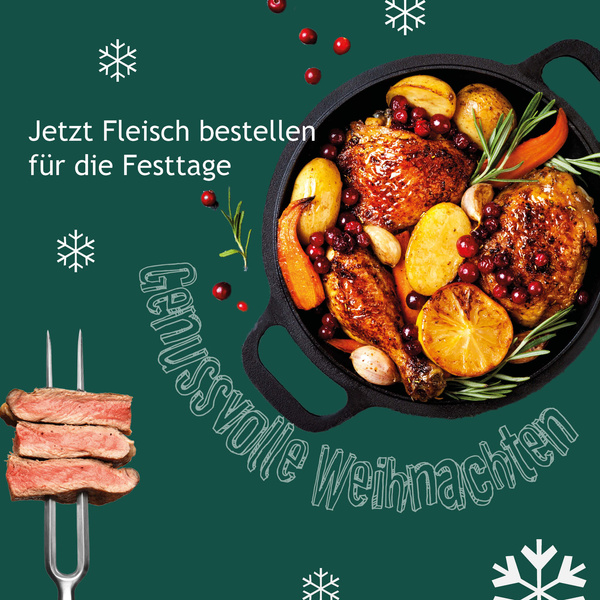 KI generiert: Ein Bräter mit festlichem Fleischgericht, umgeben von Weihnachtstext: "Jetzt Fleisch bestellen für die Festtage".
