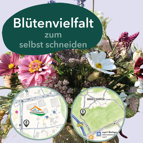 KI generiert: Strauß bunter Blumen, Text: "Blütenvielfalt zum selbst schneiden" mit zwei Kartenausschnitten.