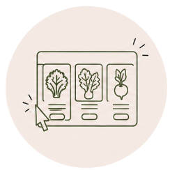 KI generiert: Ein Icon mit Gemüsebildern in einem Webshop-Stil, begleitet von einem Mauszeiger.