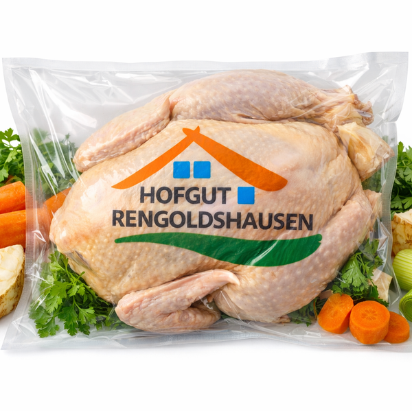 KI generiert: Verpacktes Bio-Hähnchen von "Hofgut Rengoldshausen" mit Gemüsebeilage.