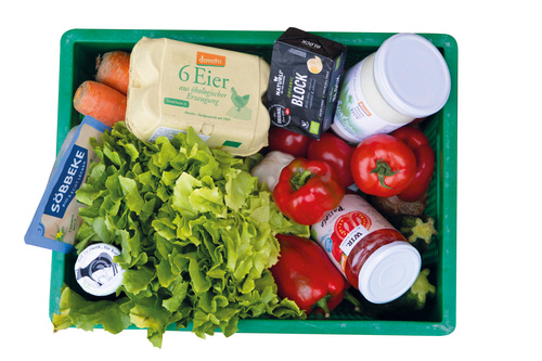 KI generiert: Das Bild zeigt eine grüne Kiste voller Lebensmittel, darunter Salat, Paprika, Karotten und verschiedene verpackte Produkte wie Eier und Molkereiprodukte. Es wirkt wie eine Auswahl von Bio- oder frischen Lebensmitteln.