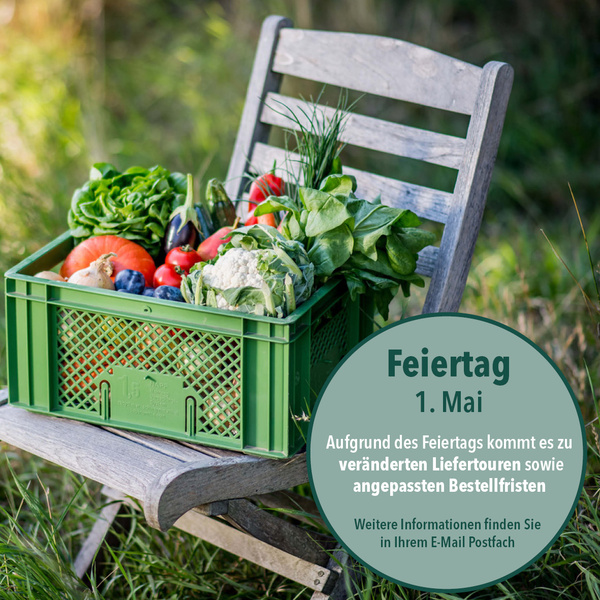 KI generiert: Ein grüner Korb mit Gemüse auf einem Stuhl. Text: "Feiertag 1. Mai, veränderte Liefertouren, angepasste Bestellfristen."