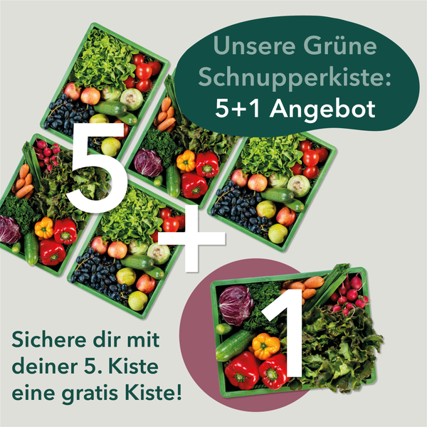 KI generiert: Zwei grüne Kisten mit Gemüse und Obst. Text: "Die Grüne Kiste Aktionskisten...Wir liefern direkt zu dir nachhause."