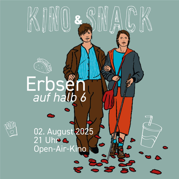 KI generiert: Zwei Personen spazieren; Text: "Kino & Snack, Erbsen auf halb 6, 02. August 2025, 21 Uhr, Open-Air-Kino".
