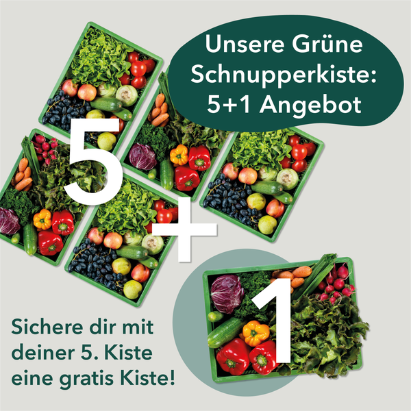 KI-generierte Beschreibung: Das Bild wirbt für ein "5+1 Angebot" bei Ökokisten mit kostenloser 5. Kiste.