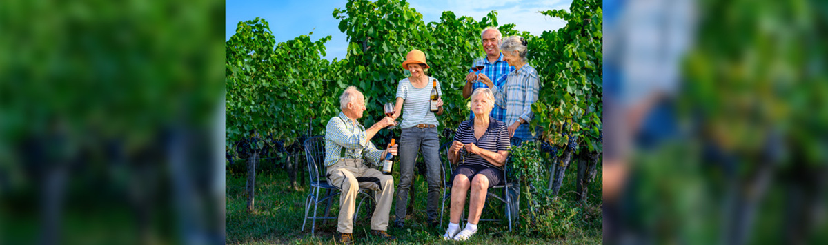KI generiert: Eine Gruppe von Menschen trinkt Wein in einem Weinberg.
