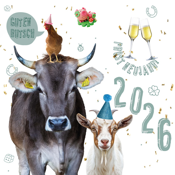 KI generiert: Kuh, Ziege und Huhn mit Neujahrshüten; Text: "GUTEN RUTSCH", "PROST NEUJAHR!", "2026".