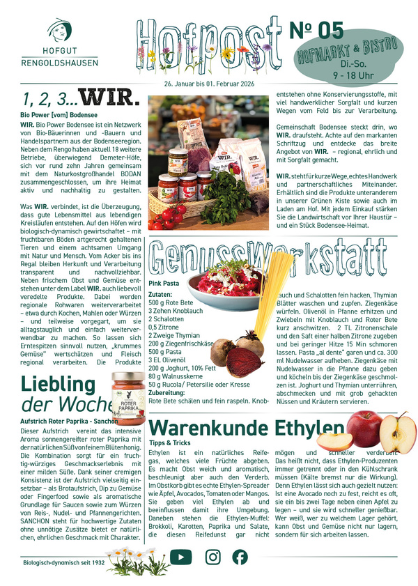 KI generiert: Das Bild zeigt eine bunt gestaltete Infoseite mit Artikeln über Lebensmittel und einem Rezept für Pink Pasta.