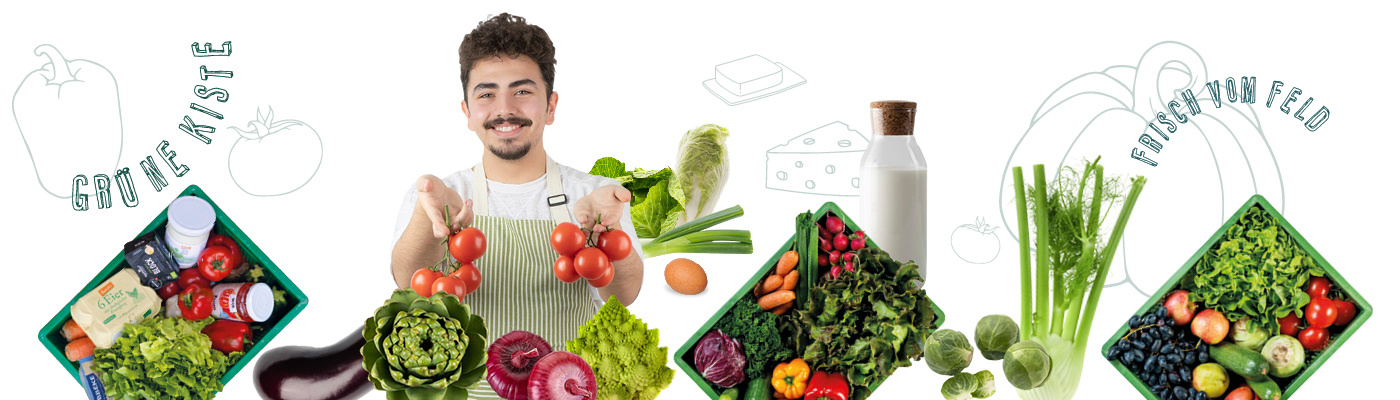 KI generiert: Das Bild zeigt einen Mann in einer Schürze, der Bündel von Tomaten präsentiert, umgeben von Kisten mit frischem Gemüse. Der Hintergrund enthält illustrierte Gemüsezeichnungen und die Wörter "Grüne Kiste" und "Frisch vom Feld".