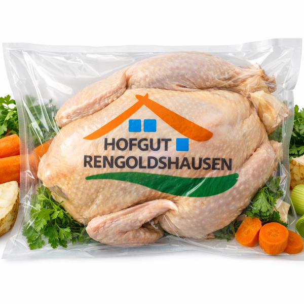 KI generiert: Verpacktes Huhn mit dem Aufdruck "HOFGUT RENGOLDSHAUSEN", umgeben von Karotten und Kräutern.