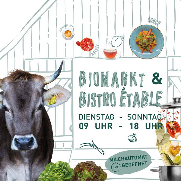 KI generiert: Eine Kuh und Lebensmittel bewerben einen Biomarkt und Bistro mit Öffnungszeiten. Text: "BIOMARKT & BISTRO ÉTABLE..."