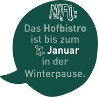 KI generiert: Grüner Sprechblasen-Hintergrund mit Text: "INFO: Das Hofbistro ist bis zum 19. Januar in der Winterpause."
