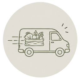 KI generiert: Lieferwagen mit Gemüsekiste, der schnell fährt; symbolisiert schnelle Lieferung von Lebensmitteln.