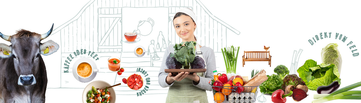 KI generiert: Das Bild zeigt eine junge Frau, die ein Tablett mit Gemüse hält, neben einer Kuh. Im Hintergrund befinden sich Zeichnungen eines Bauernhofs und verschiedener Lebensmittel wie Gemüse, Obst und Getränke.