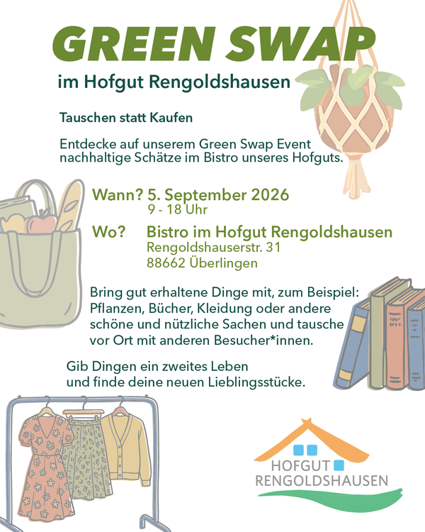 KI generiert: Einladungsplakat zum "Green Swap" Event am 5. September 2026 im Hofgut Rengoldshausen, Überlingen.