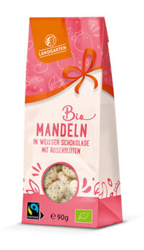Produktfoto zu Landgarten Mandeln in weißer Schokolade mit Rosenblüte
