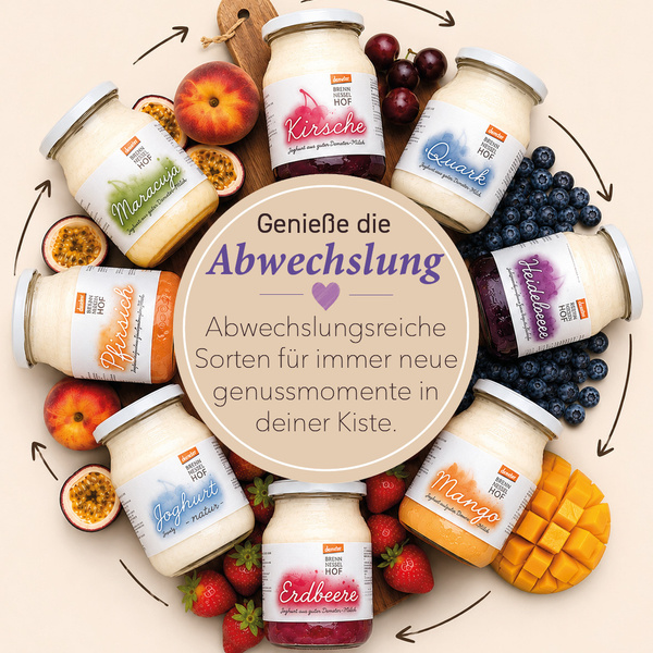KI generiert: Ein Foto mit Gläsern verschiedener Fruchtaufstriche und dem Text: "Genieße die Abwechslung".