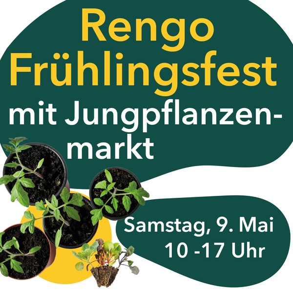 KI generiert: Rengo Frühlingsfest mit Jungpflanzenmarkt. Samstag, 9. Mai, 10-17 Uhr. Bild zeigt Pflanzen in Töpfen.