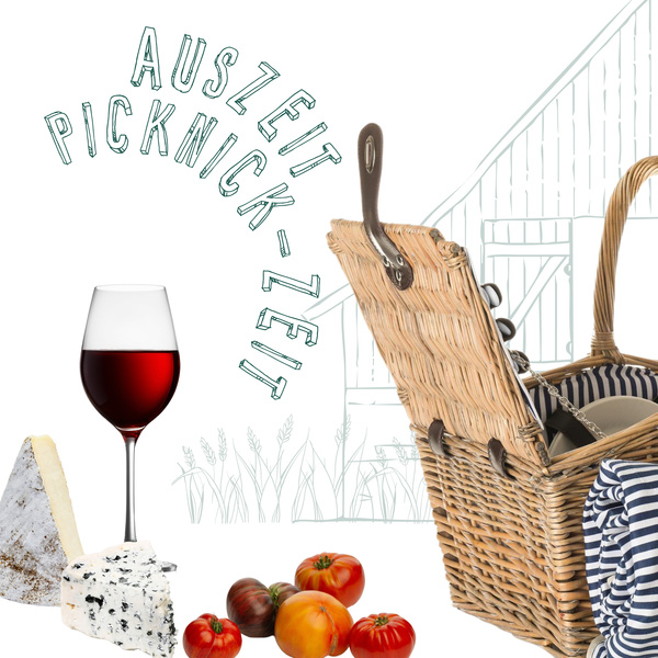 KI generiert: Picknick-Szene mit Käse, Wein und Korb. Text: "Auszeit Picknick-Zeit".