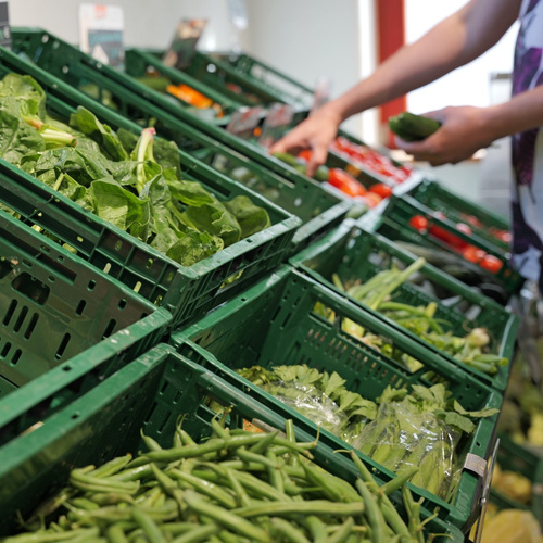 KI generiert: Eine Person wählt frisches Gemüse aus grünen Kisten in einem Laden.