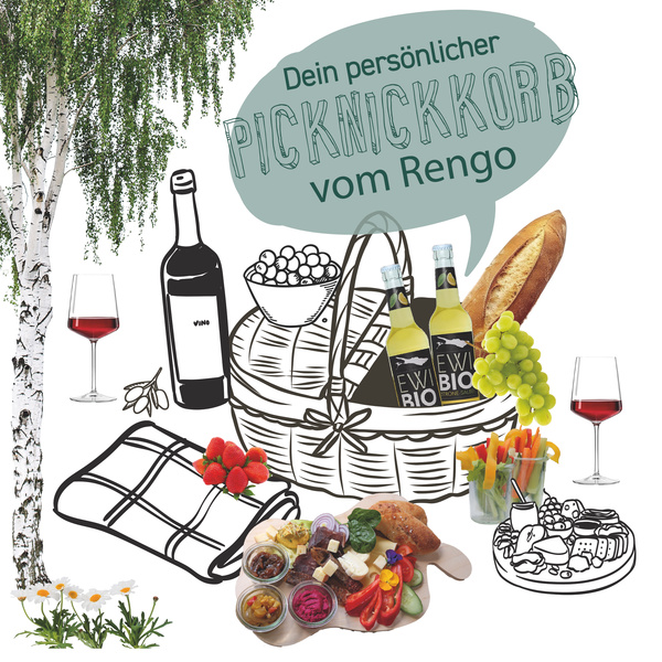 KI generiert: Picknickkorb mit Brot, Getränken und Snacks. Text: "Dein persönlicher Picknickkorb vom Rengo".
