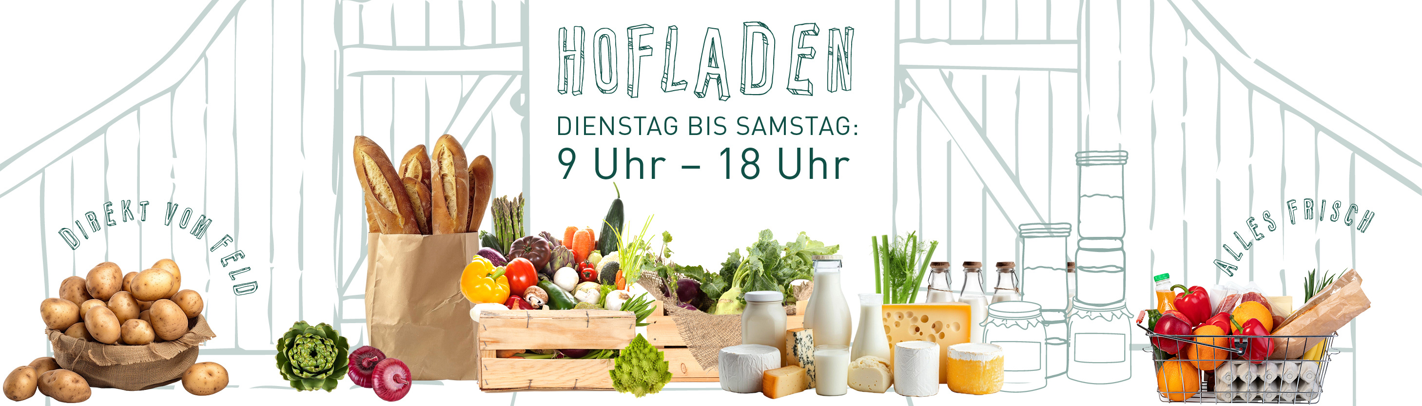 KI generiert: Das Bild zeigt eine junge Frau, die ein Tablett mit Gemüse hält, neben einer Kuh. Im Hintergrund befinden sich Zeichnungen eines Bauernhofs und verschiedener Lebensmittel wie Gemüse, Obst und Getränke.