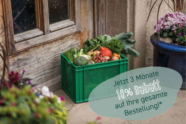 KI generiert: Grüne Kiste mit frischem Gemüse vor einer Tür. Text: "Jetzt 3 Monate 10% Rabatt auf Ihre gesamte Bestellung!"