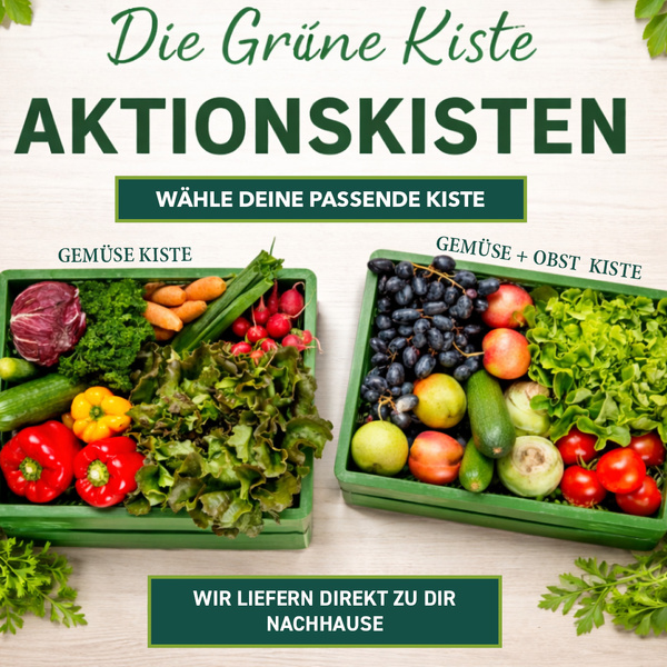 KI generiert: Zwei Kisten mit Gemüse und Obst, Text: "Die Grüne Kiste AKTIONSKISTEN, Wähle deine passende Kiste, Wir liefern direkt zu dir nachhause".