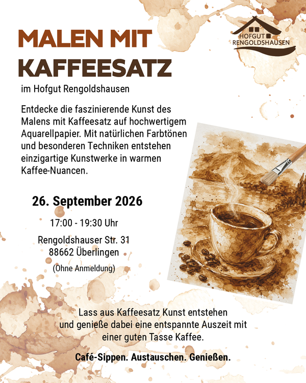 KI generiert: Einladung zu einem Workshop: "Malen mit Kaffeesatz" am 26. September 2026 in Überlingen.
