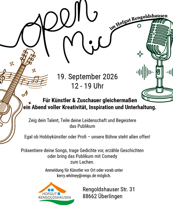 KI generiert: Open Mic Veranstaltung am 19. September 2026, 12-19 Uhr, im Hofgut Rengoldshausen, Überlingen.