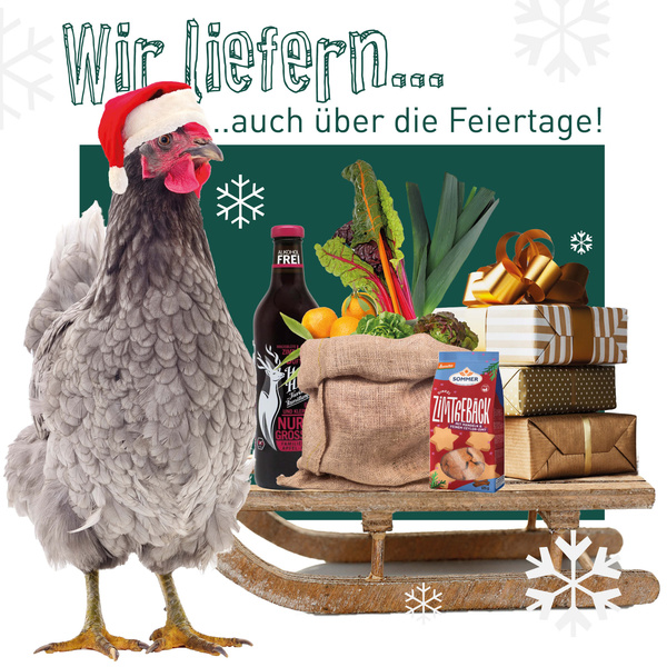 KI generiert: Huhn mit Weihnachtsmütze neben Schlitten mit Lebensmitteln. Text: "Wir liefern...auch über die Feiertage!"