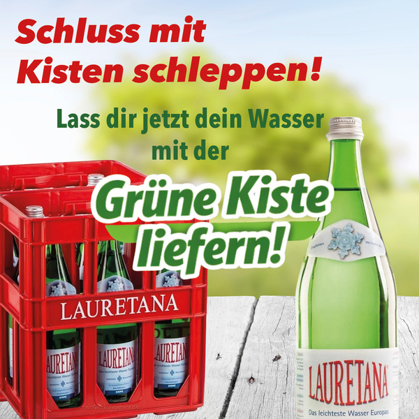 KI generiert: Kasten und Flasche Lauretana Wasser mit Text "Schluss mit Kisten schleppen! Lass dir Wasser mit der Grünen Kiste liefern!"