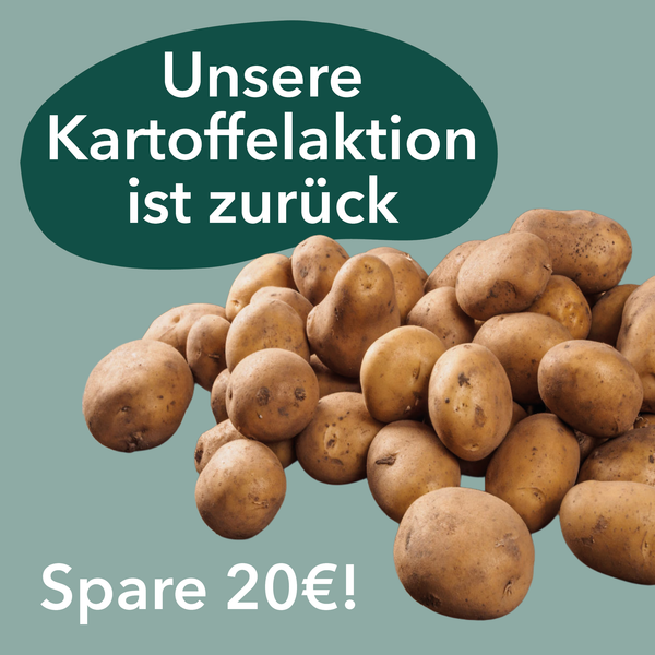 KI-generierte Beschreibung: Hauptinhalt: Kartoffelaktion mit 20€ Rabatt. Text: "Unsere Kartoffelaktion ist zurück. Spare 20€!"