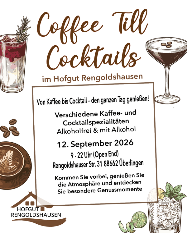 KI generiert: Einladung zu "Coffee Till Cocktails" im Hofgut Rengoldshausen am 12. September 2026.