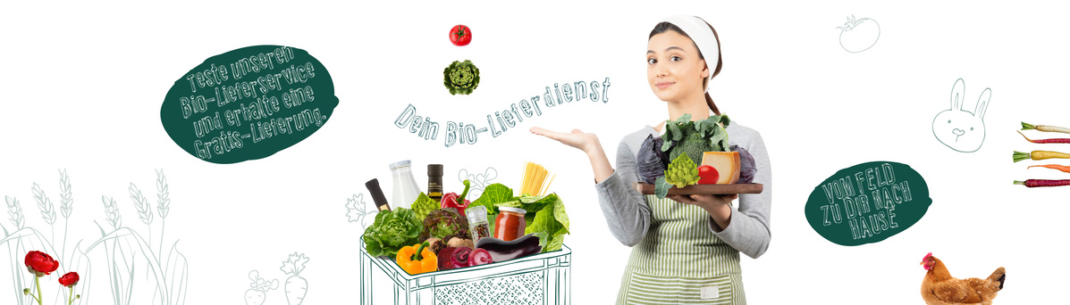 KI generiert: Eine Frau präsentiert Bio-Lebensmittel. Text: „Teste unseren Bio-Paketservice und erhalte eine Gratis-Lieferung!“