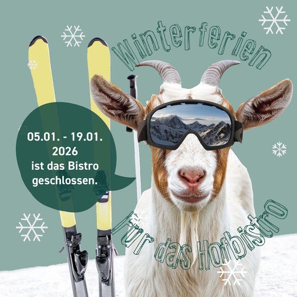 KI generiert: Eine Ziege mit Skibrille und Skiern, Text: "Winterferien. 05.01. - 19.01.2026 ist das Bistro geschlossen."