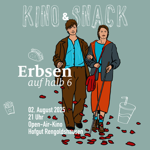 KI generiert: Illustration von zwei Menschen und Text für ein Open-Air-Kino-Event: "Erbsen auf halb 6", 2. August 2025.